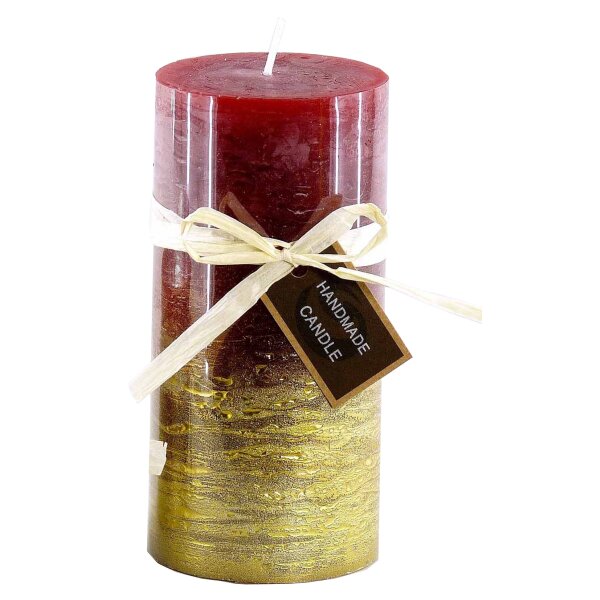 Stumpenkerze, handgemacht Rot-Gold-Metallic 14 x 6,8 cm - Kerze für Adventskranz, Kerzen