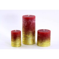 Stumpenkerze, handgemacht Rot-Gold-Metallic 14 x 6,8 cm - Kerze für Adventskranz, Kerzen
