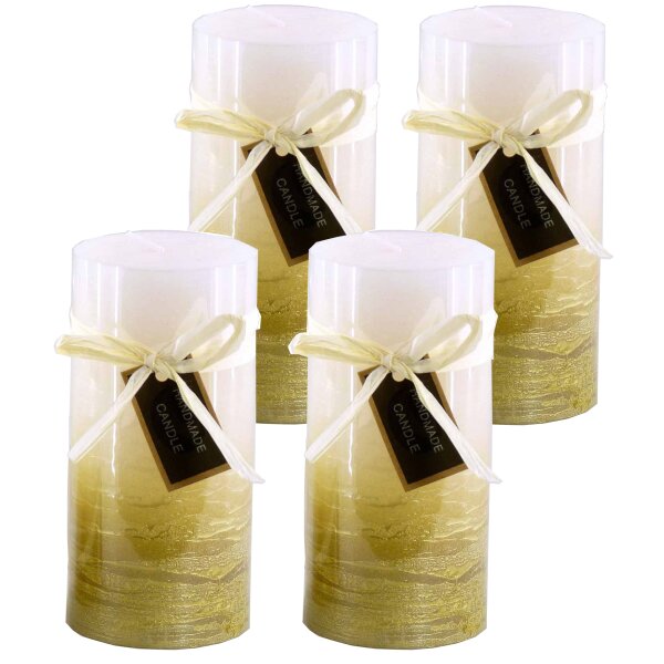 Stumpenkerze, handgemacht 14 x 6,8 cm (4er Set) Weiss-Gold-Metallic - Kerze für Adventskranz, Kerzen