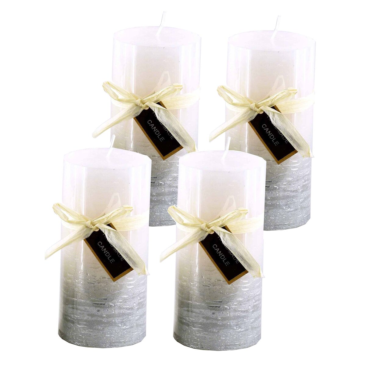 Stumpenkerze, handgemacht 14 x 6,8 cm (4er Set) Weiss-Silber-Metallic, 32,95 €