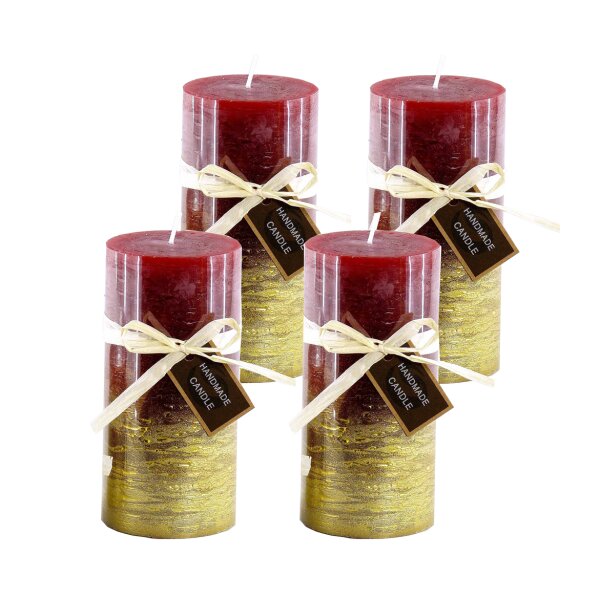 Stumpenkerze, handgemacht 14 x 6,8 cm (4er Set) Rot-Gold-Metallic - Kerze für Adventskranz, Kerzen