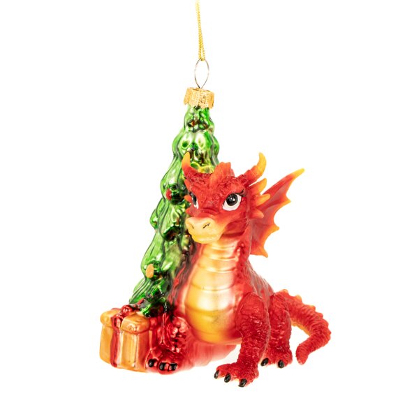 Baumschmuck Roter Drache mit Weihnachtsbaum - Baumkugel Fantasy, Weihnachtsdeko, Christbaumkugel