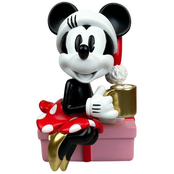 Deko 3D Disney Gartenfigur Minnie Mouse Santa mit Tasse und Geschenk H:19,5 cm aus Kunststoff - Figur Weihnachten Minni Maus, moderner Deko Stil für Fans, Gartendekoration, Statue