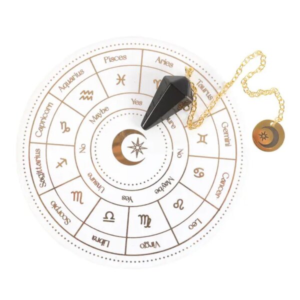 Magisches Pendel Wahrsager Set Sternzeichen mit Astrologierad - Keramikschale und Kristall-Pendel - Halloween Dekoration, Wahrsagerei Hexe, Mystik, Meditation