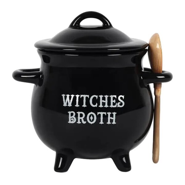 Suppenschüssel "Witches Broth" mit Besenlöffel in Kesselform - Hexen Suppen Schüssel, Halloween Suppenschale, Becher