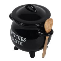 Suppenschüssel "Witches Broth" mit Besenlöffel in Kesselform - Hexen Suppen Schüssel, Halloween Suppenschale, Becher