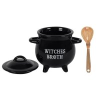 Suppenschüssel "Witches Broth" mit Besenlöffel in Kesselform - Hexen Suppen Schüssel, Halloween Suppenschale, Becher