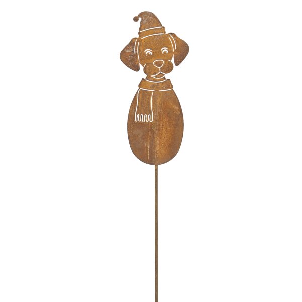 Gartenstecker Hund mit Weihnachtsmütze und Schal H:115 cm im Rost Design - Rostfigur für den Garten, Gartendeko, Weihnachtsdeko, Winterdeko