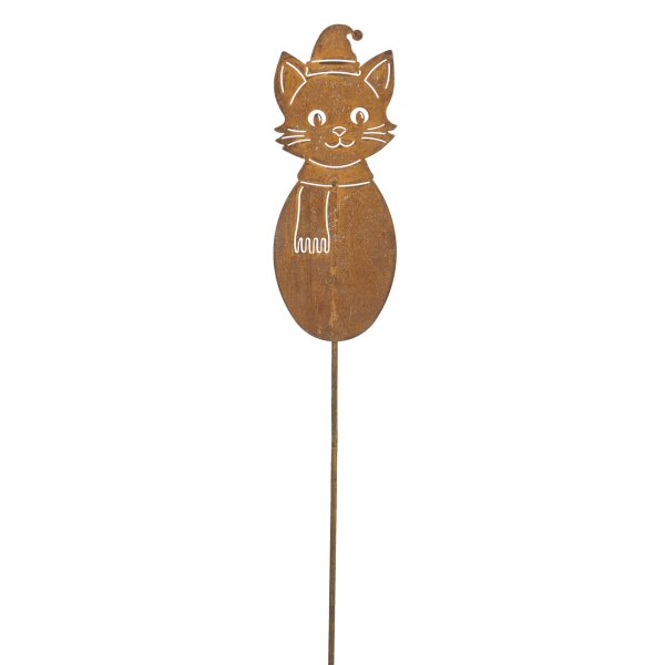Gartenstecker Katze mit Weihnachtsmütze und Schal H:115 cm im Rost Design - Rostfigur für den Garten, Gartendeko, Weihnachtsdeko, Winterdeko