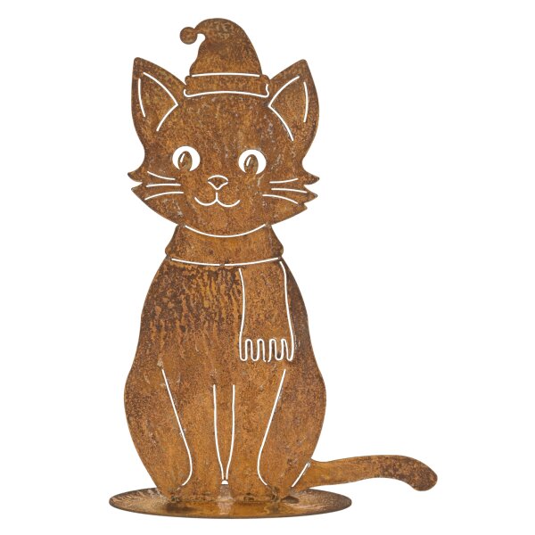Gartendeko Katze H:30 cm mit Weihnachtsmütze und Schal im Rost Design - Winter Rostfigur für den Garten, Deko Weihnachten, Metalldeko