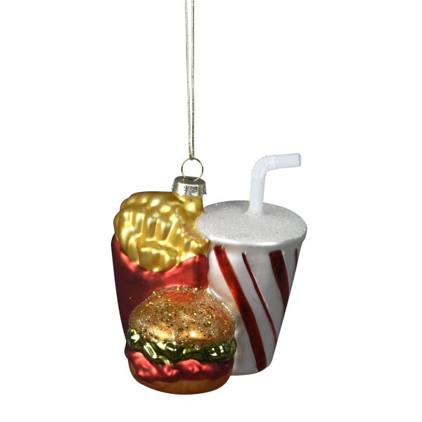 Baumschmuck Burgermenü - Hamburger, Pommes, Softgetränk - Baumkugel Fast Food Burger, Weihnachtsdeko Essen, Christbaumkugel, Weihnachten