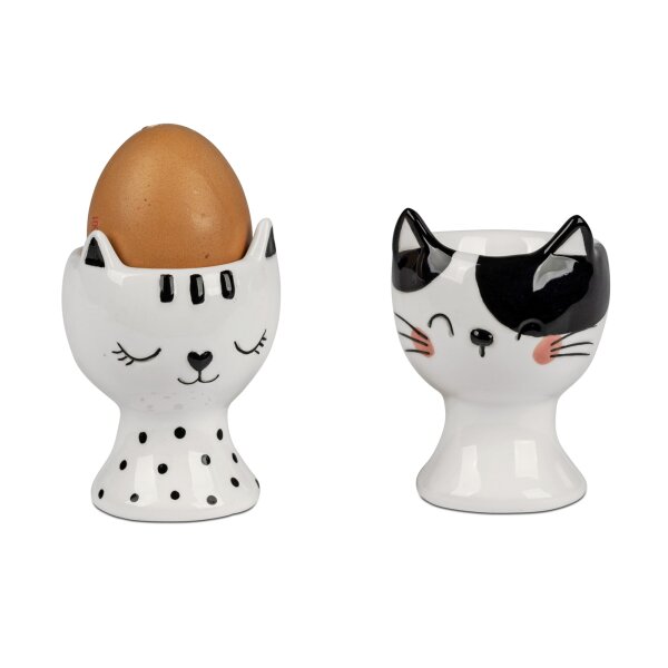 Eierbecher Katze Kitty (2er Set) - Eierhalter Katzen Keramik, Tischdeko Ostern, Frühstückseier für Katzenfreunde