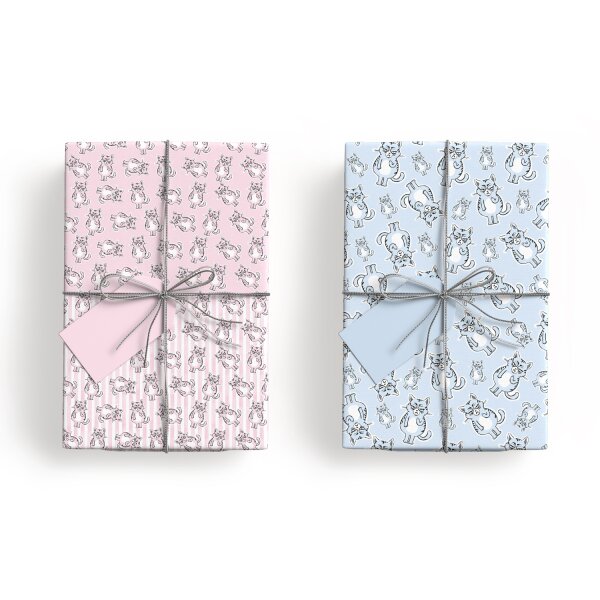 Geschenkpapier Set Miesekatze rosa & blau (4 Rollen) 2 m x 70 cm - Geschenkpapier für Katzenfreunde, Geschenkverpackung Katze, Geburtstag, Weihnachten, Ostern