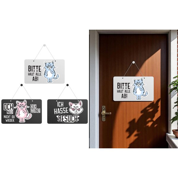 Türschild Miesekatze (3er Set) 21x14 cm - "Ich hasse Besuch" - Dekoschild Katze, Wandschild, Blechschild, Deko Schild, Wandbild