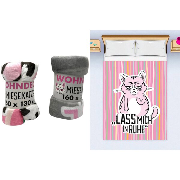Kuscheldecke Miesekatze (2er Set) pink, grau 130x160 cm - "Lass mich in Ruhe" & "Miese Kälte" - Decke für Katzen Freunde, Sofadecke, kuschelige Tagesdecke, Wohndecke