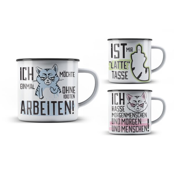 Metall Becher Tasse Miesekatze (3er Set) 350 ml - Trinkbecher Katze, Camping Becher, Kaffeebecher, Metallbecher, Kaffeetasse