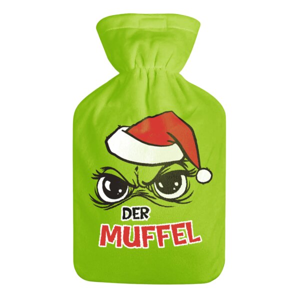 Wärmflasche "Der Muffel"  grün mit Überzug, 2L - Bettflasche Weihnachten Festtagsmuffel, Wärmekissen