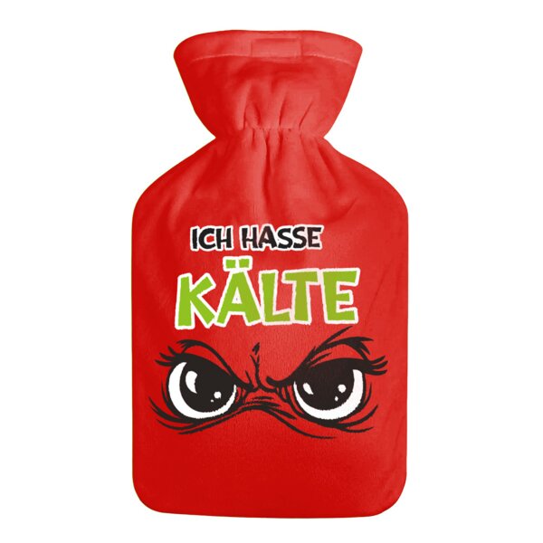 Wärmflasche Muffel "Ich hasse Kälte" rot mit Überzug, 2L - Bettflasche Weihnachten Festtagsmuffel, Wärmekissen