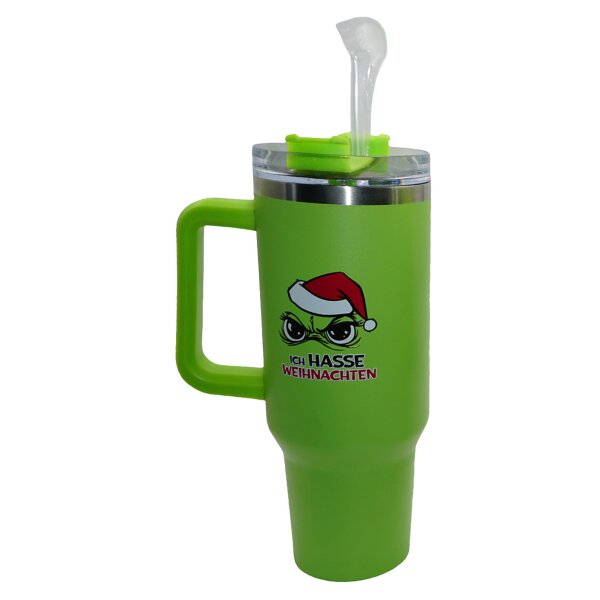 XXL Thermobecher Muffel "Ich hasse Weihnachten" mit Griff und Strohhalm 1200 ml - Isolierbecher, Trinkbecher Festtagsmuffel, Trinkflasche, Kaffeebecher, Kaffeetasse