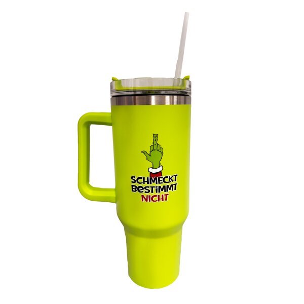 XXL Thermobecher Muffel "Schmeckt bestimmt nicht" mit Griff und Strohhalm 1200 ml - Isolierbecher, Trinkbecher Festtagsmuffel, Trinkflasche Weihnachten, Kaffeebecher, Kaffeetasse