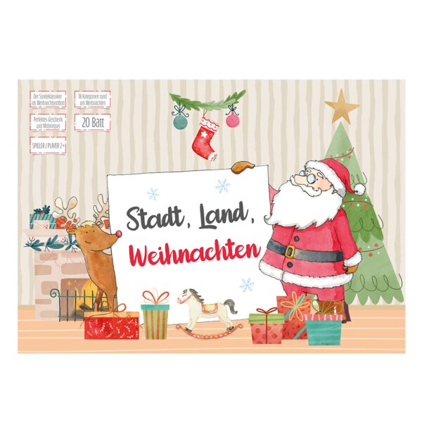 Spiel "Stadt, Land, Weihnachten" - Block mit 20 Blatt und 18 Fragen rund um Weihnachten - Unterhaltung, Weihnachtsspiel, Wichtelgeschenk, Quiz