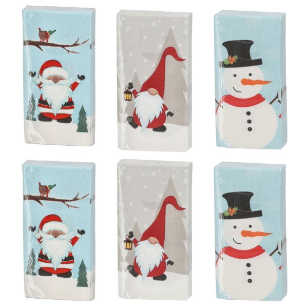 Taschentücher Weihnachten (6 x 10 Stück) - Weihnachtsmann Santa, Schneemann, Wichtel - Papiertaschentücher mit Weihnachtsmotiven