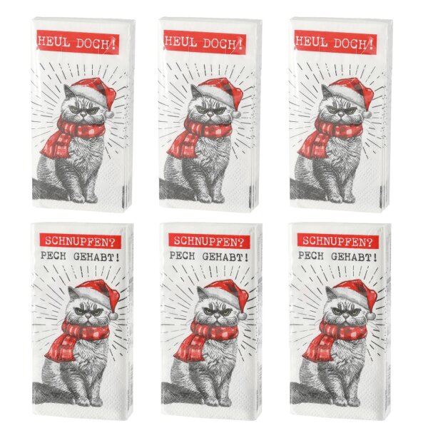 Taschentücher XMAS Cat (6 x 10 Stück) - "Heul doch!", "Schnupfen? Pech gehabt!" - Papiertaschentücher Katze Weihnachten
