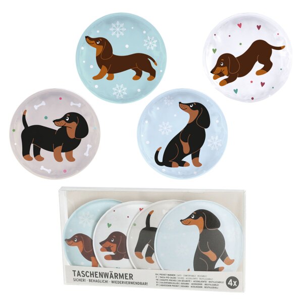 Taschenwärmer Hund Dackel (4er Set) -  Wichtelgeschenk Hundefreunde, Handwärmer Winter, Taschenheizkissen