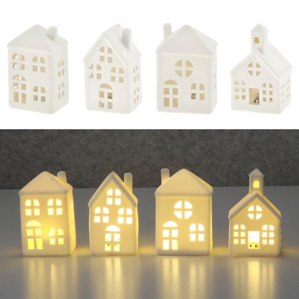 LED Haus aus Keramik (4er Set) weiss - Lichterhaus, Leuchthaus, Deko Winter, Weihnachtsdeko, Adventsdeko, Leuchtdeko, Fensterdeko
