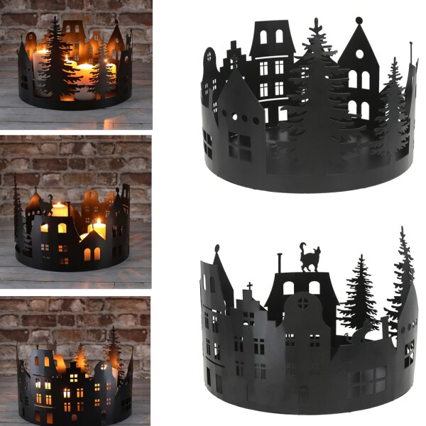 Deko Kerzen Tablett Stadthäuser 30x21 cm aus Metall schwarz - Windlicht Adventskranz, Weihnachsdeko Kerzentablett, Kerzenhalter, Adventsdeko