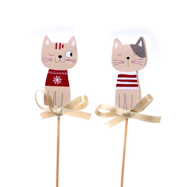 Blumenstecker Winter Katze (2er Set) mit Schleife - Winterdeko, Weihnachtsdeko, Pflanzstecker, Blumen Deko Advent, Weihnachten