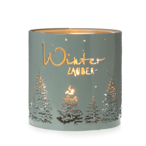Windlicht "Winterzauber" mit Kerzenglas, mattgrün, klein H:11 cm aus Metall - Tischdeko Advent Weihnachten, Adventsdeko, Weihnachtsdeko, Winterdeko,Teelichthalter