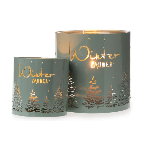 Windlicht "Winterzauber" mit Kerzenglas, mattgrün (2er Set) H:11/16 cm aus Metall - Tischdeko Advent Weihnachten, Adventsdeko, Weihnachtsdeko, Winterdeko,Teelichthalter