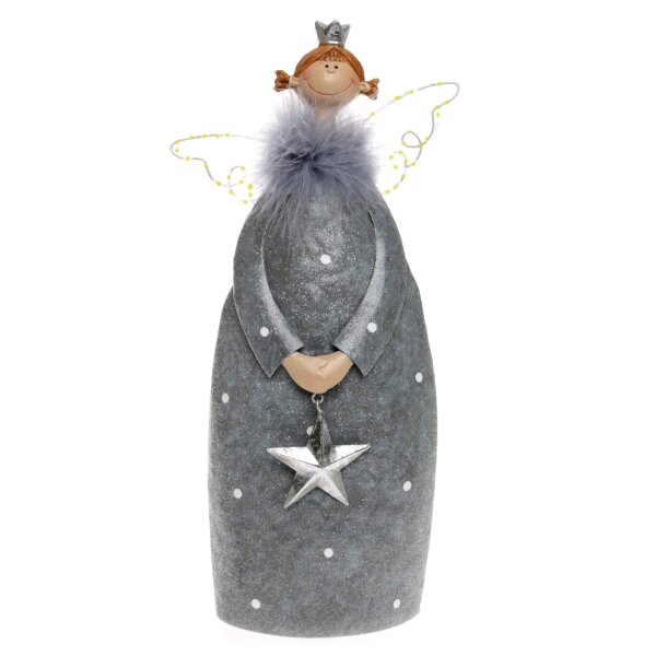 Deko Engel mit LED Flügeln grau, silber (H: 25 cm) aus Metall - Weihnachtsdeko, Adventsdeko, Weihnachtsengel, Leuchtengel