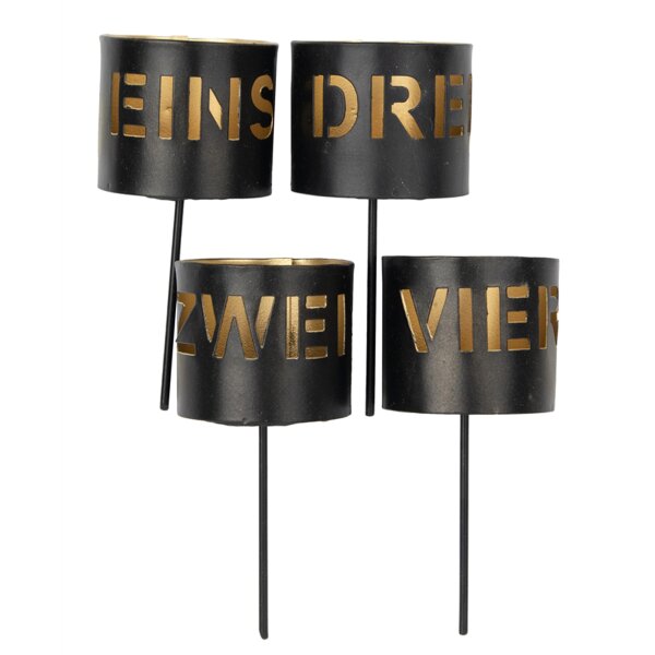 Teelichthalter Adventskranz Schriftzug 1-4 (4er Set) 10,5x5 cm Metall schwarz - Bodenstecker Windlicht Adventskranz, Weihnachsdeko, Kerzenhalter