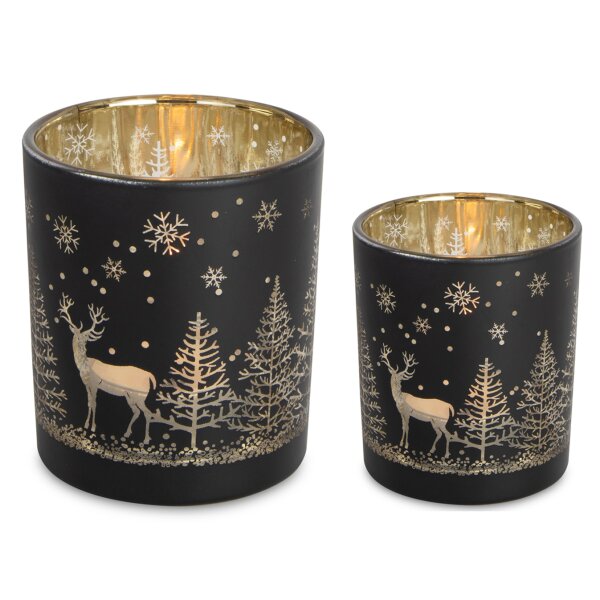 Windlicht Teelichtglas Hirsch im Winterwald, schwarz-gold (2er Set) - Tischdeko Advent Weihnachten, Teelichthalter, Dekoglas , Winterdeko, Adventsdeko