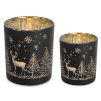 Windlicht Teelichtglas Hirsch im Winterwald, schwarz-gold...