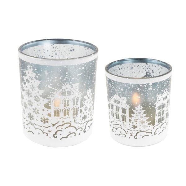 Windlicht Teelichtglas Schneedorf, weiss (2er Set) - Tischdeko Advent Weihnachten, Teelichthalter, Dekoglas , Winterdeko, Adventsdeko