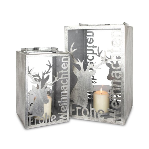 Laterne Windlicht "Frohe Weihnachten" mit Hirsch (2er Set) aus Metall H:37 & 26,5 cm mit Kerzenglas & Henkel - Deko Kerzenhalter, Adventsdeko, Teelichthalter, Winterdeko, Weihnachtsdeko