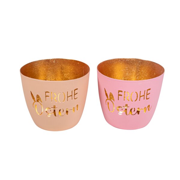 Windlicht Frohe Ostern (2er Set) orange, pink aus Metall H:8,5 cm - Tischdeko Osterzeit, Frühling, Teelichthalter, Kerzenhalter, Deko Garten, Terrasse