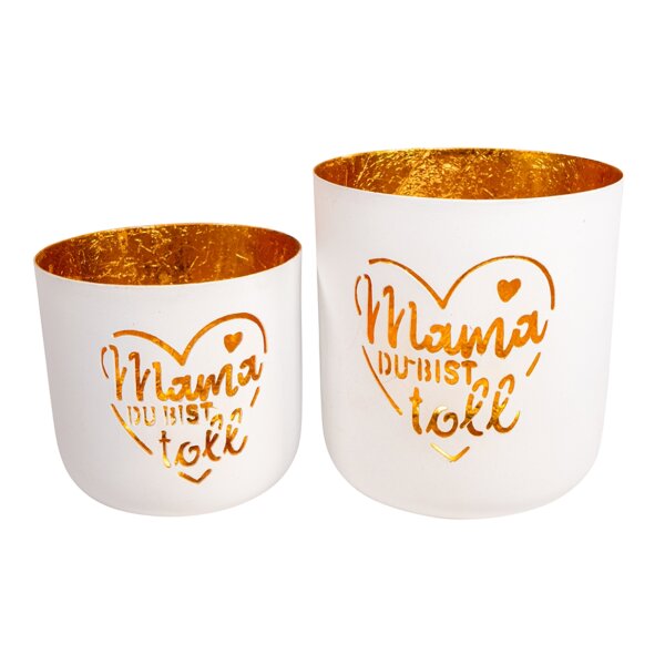 Windlicht "Mama du bist toll" (2er Set) weiss, gold aus Metall H:10-13 cm - Tischdeko Muttertag, Frühling, Teelichthalter, Kerzenhalter, Deko Garten, Terrasse