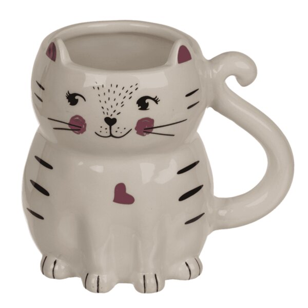 Tasse Becher Katze, weiss 13x11 cm aus Steingut - Kaffee Tassen, Kaffeebecher, Kaffeetasse, Teetasse, Katzen