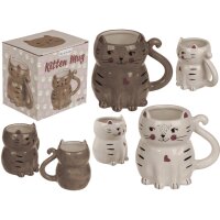 Tasse Becher Katze, weiss 13x11 cm aus Steingut - Kaffee Tassen, Kaffeebecher, Kaffeetasse, Teetasse, Katzen