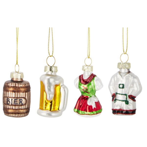Baumschmuck Oktoberfest (4er Set) - Dirndl, Lederhose, Bierglas, Bierfass - Baumdeko Wiesn Bier, Hängedeko, Weihnachtsdeko, Christbaumkugel, Weihnachten