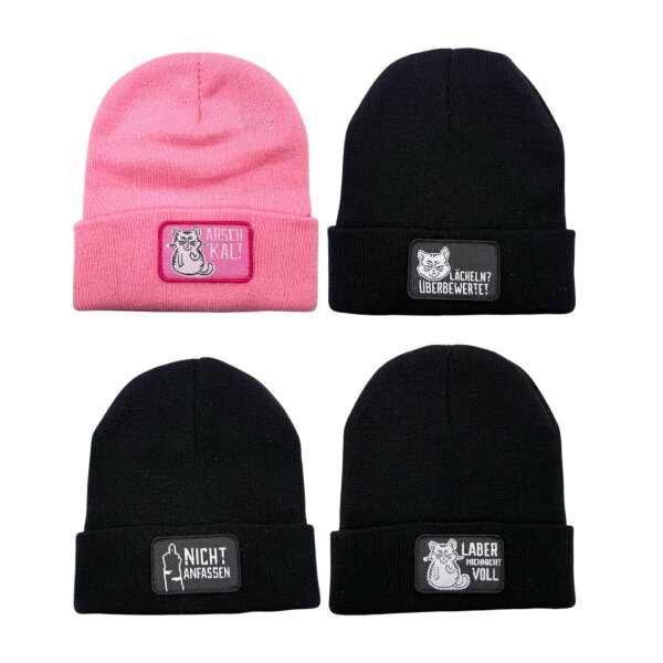 Mütze Miesekatze (4er Set) schwarz, pink mit coolen Sprüchen - Wintermütze Unisex, Beanie, Wichtelgeschenk, Winter Strickmütze