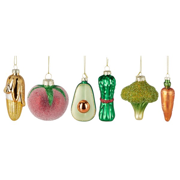 Baumschmuck Gemüse (6er Set) - Mais, Tomate, Avocado, Gurke, Brokkoli, Karotte - Baumdeko, Hängedeko, Weihnachtsdeko, Christbaumkugel, Weihnachten