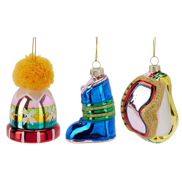 Baumschmuck Ski Skifahrer (3er Set) - Skistiefel, Mütze, Skibrille - Baumdeko Skiausrüstung, Hängedeko Winter, Weihnachtsdeko, Christbaumkugel, Weihnachten