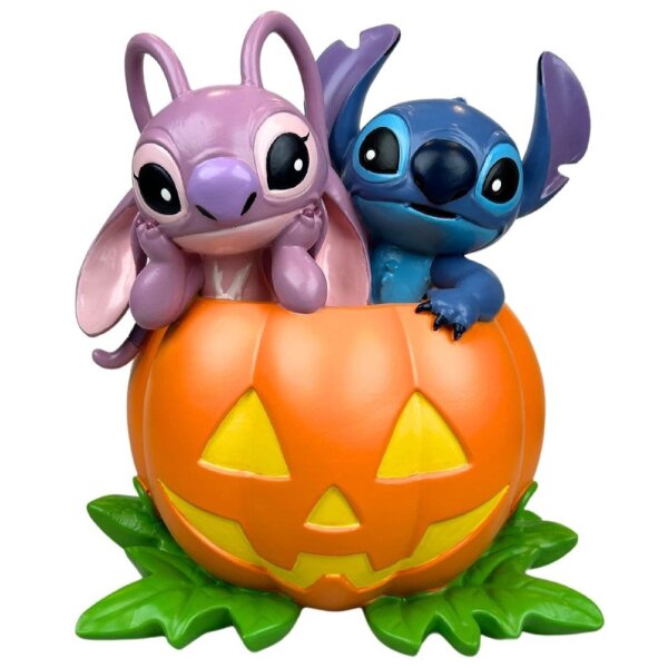 Deko 3D Disney Gartenfigur Stitch & Angel im Halloween Kürbis H:19,3 cm aus Kunststoff - Figur aus Lilo & Stitch, moderner Deko Stil für Fans, Gartendekoration, Statue