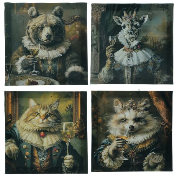 Vintage Leinwand Bilder - Wein trinkende Aristokratische Tiere - im Rokoko Stil 25x25 cm (4er Set) - Wandbilder auf Leinwand, Deko Wohnung, Wohnzimmer