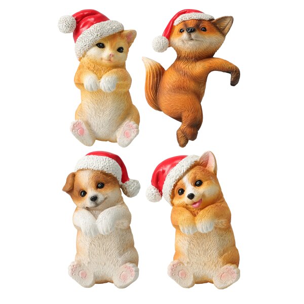 Blumentopf Deko Anhänger Tiere mit Weihnachtsmütze (4er Set) 7x11x4 cm zum Einhängen aus Polyresin - Weihnachtsdeko, Deko Weihnachten, Topfanhänger, Topfhänger, Winterdeko